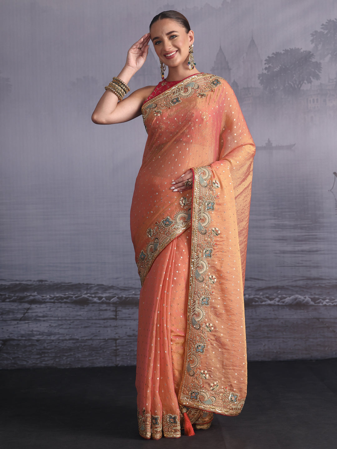 Libas Peach Pink Woven Design Tissue Saree with Embroidered Border