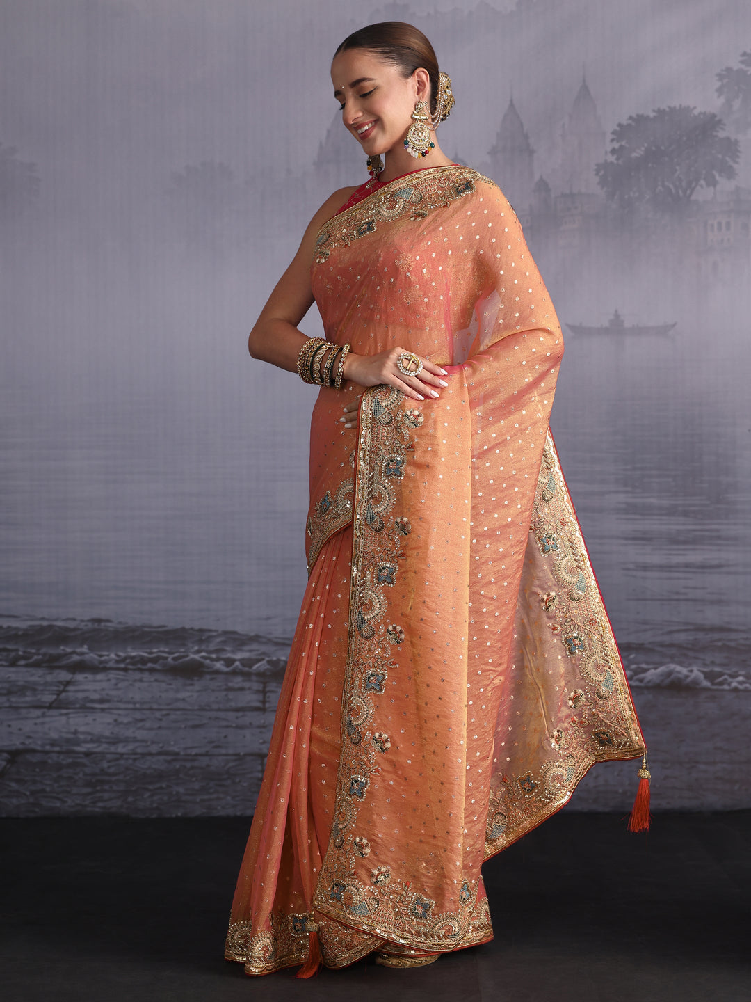 Libas Peach Pink Woven Design Tissue Saree with Embroidered Border