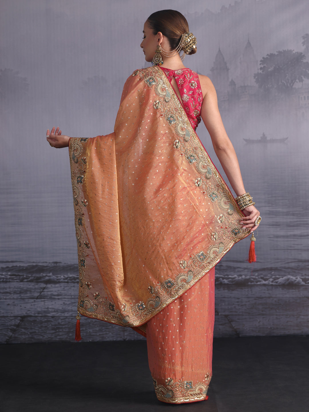 Libas Peach Pink Woven Design Tissue Saree with Embroidered Border