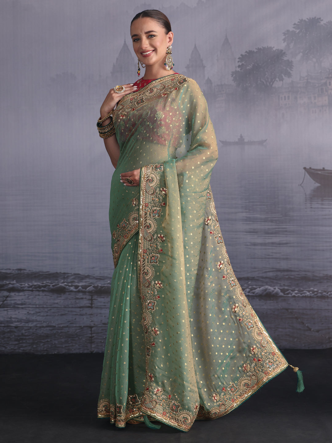 Libas Green Woven Design Tissue Saree with Embroidered Border