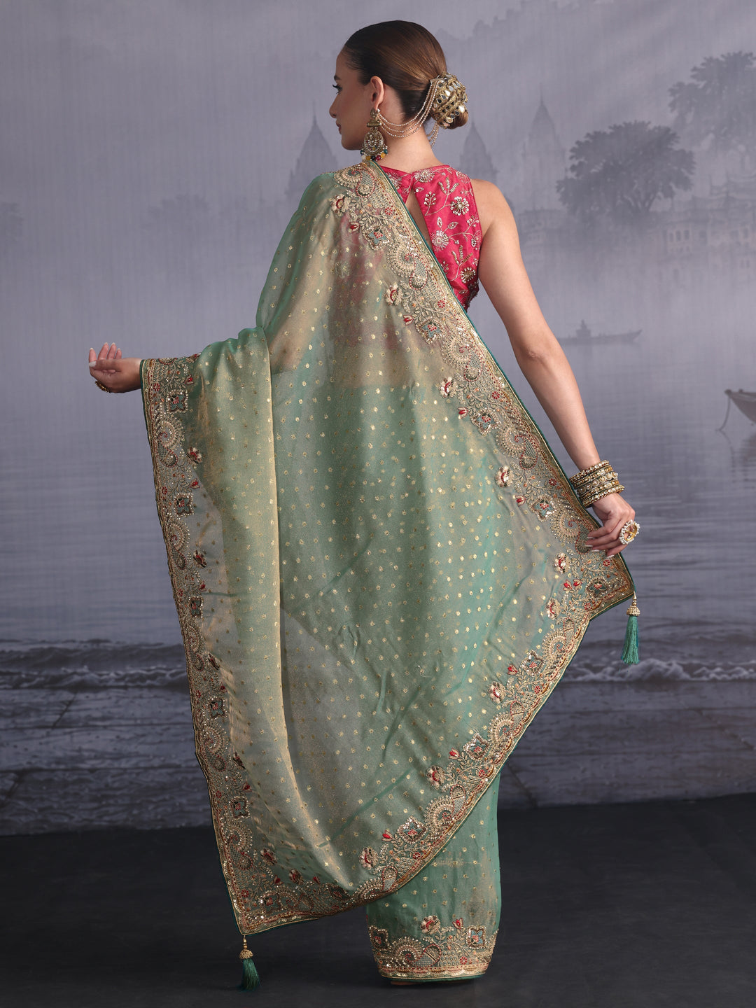 Libas Green Woven Design Tissue Saree with Embroidered Border