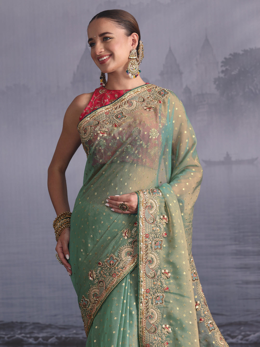 Libas Green Woven Design Tissue Saree with Embroidered Border