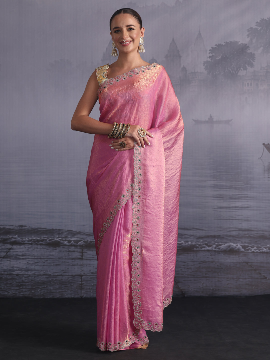 Libas Lavender Tissue Saree with Embellished Scalloped Border