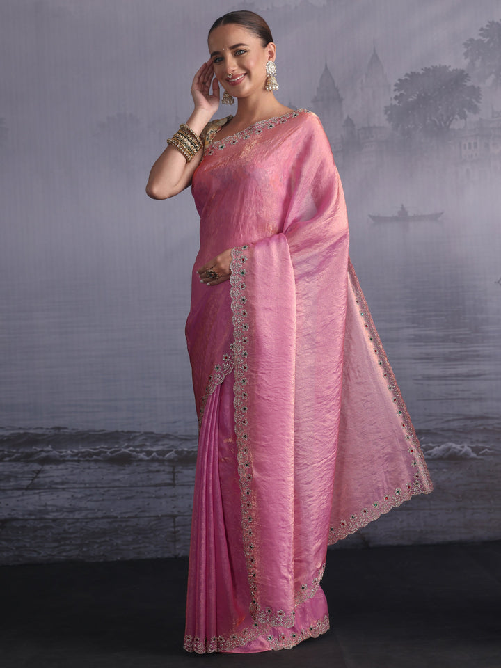 Libas Lavender Tissue Saree with Embellished Scalloped Border