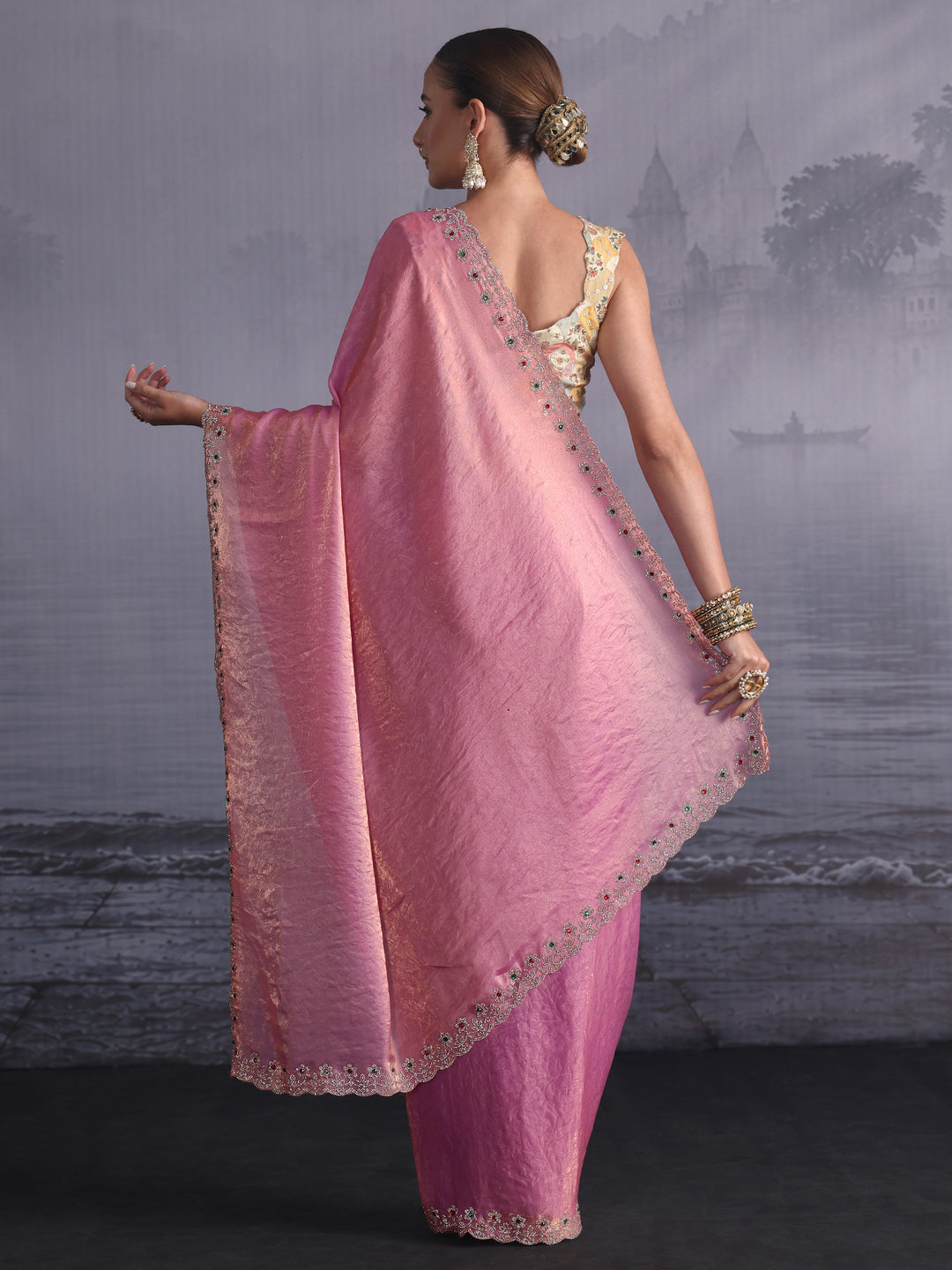 Libas Lavender Tissue Saree with Embellished Scalloped Border