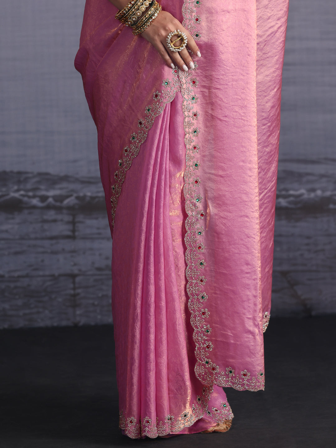 Libas Lavender Tissue Saree with Embellished Scalloped Border