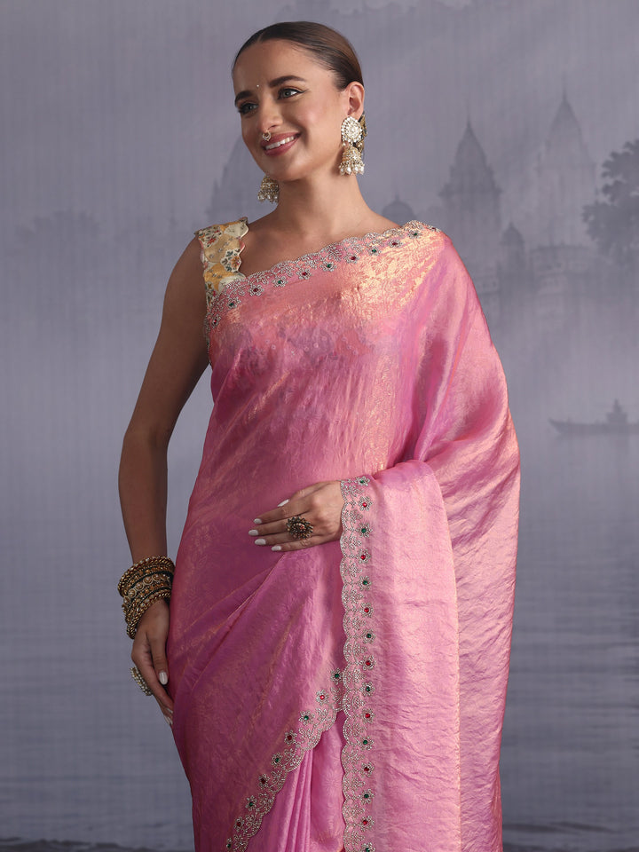 Libas Lavender Tissue Saree with Embellished Scalloped Border