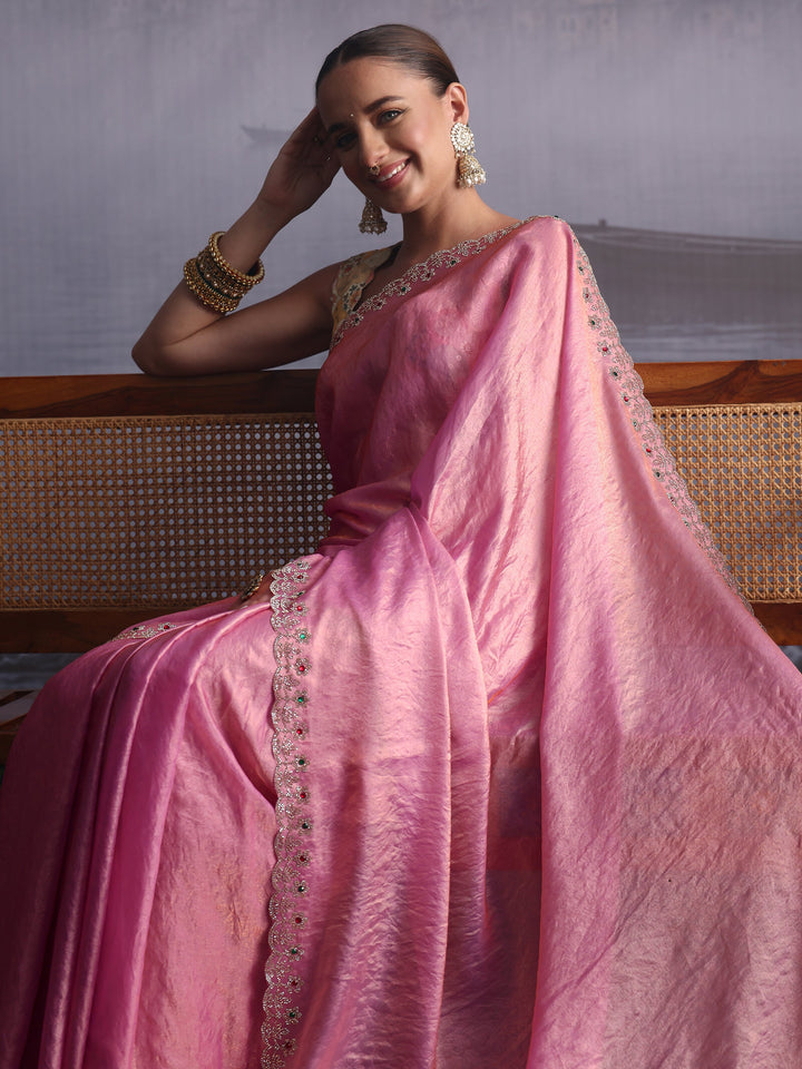 Libas Lavender Tissue Saree with Embellished Scalloped Border