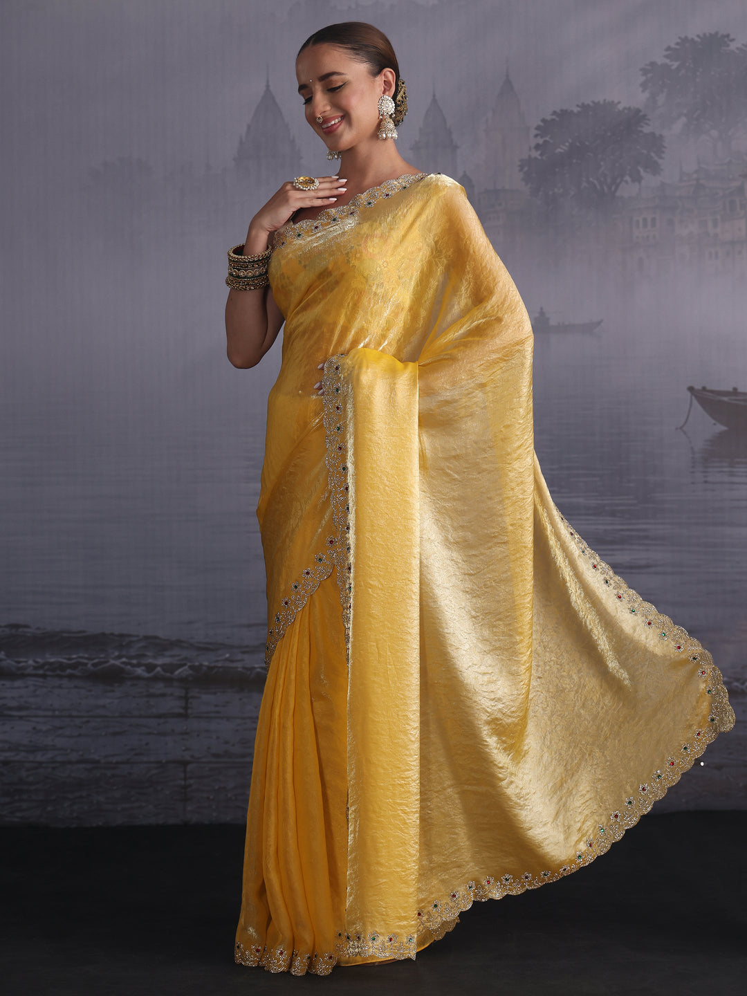 Libas Mustard Tissue Saree with Embellished Scalloped Border