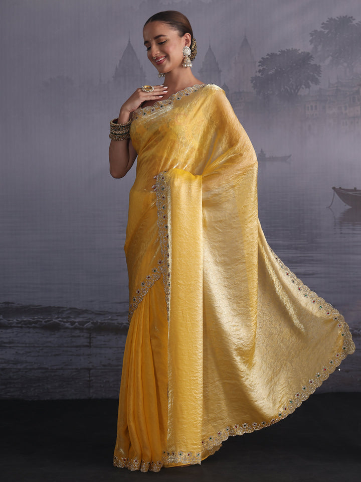 Libas Mustard Tissue Saree with Embellished Scalloped Border