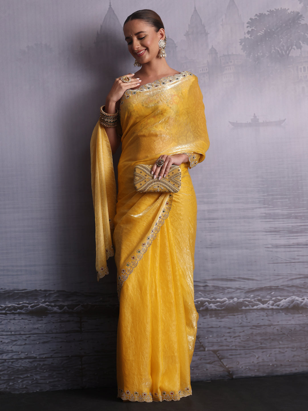 Libas Mustard Tissue Saree with Embellished Scalloped Border