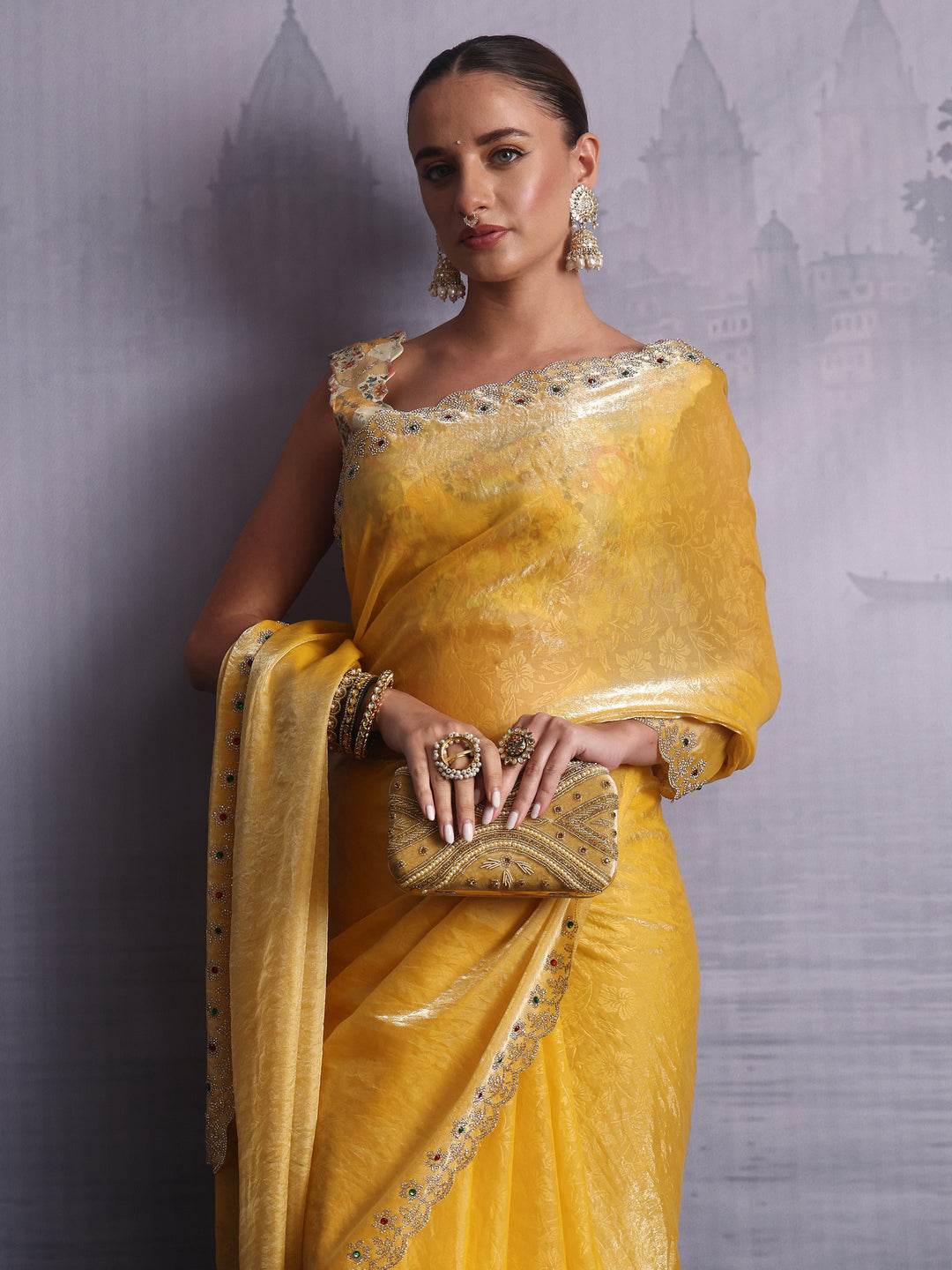 Libas Mustard Tissue Saree with Embellished Scalloped Border