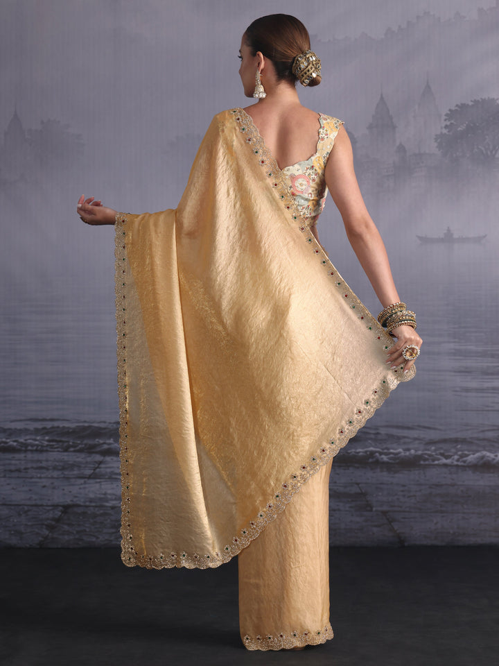 Libas Golden Tissue Saree with Embellished Scalloped Border