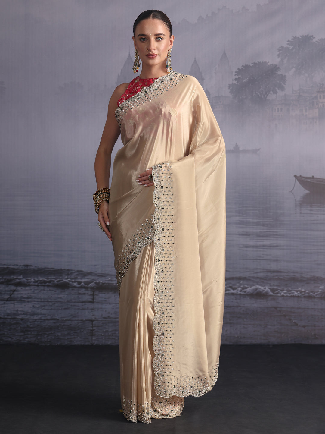Libas Taupe Tissue Saree with Embellished Scalloped Border