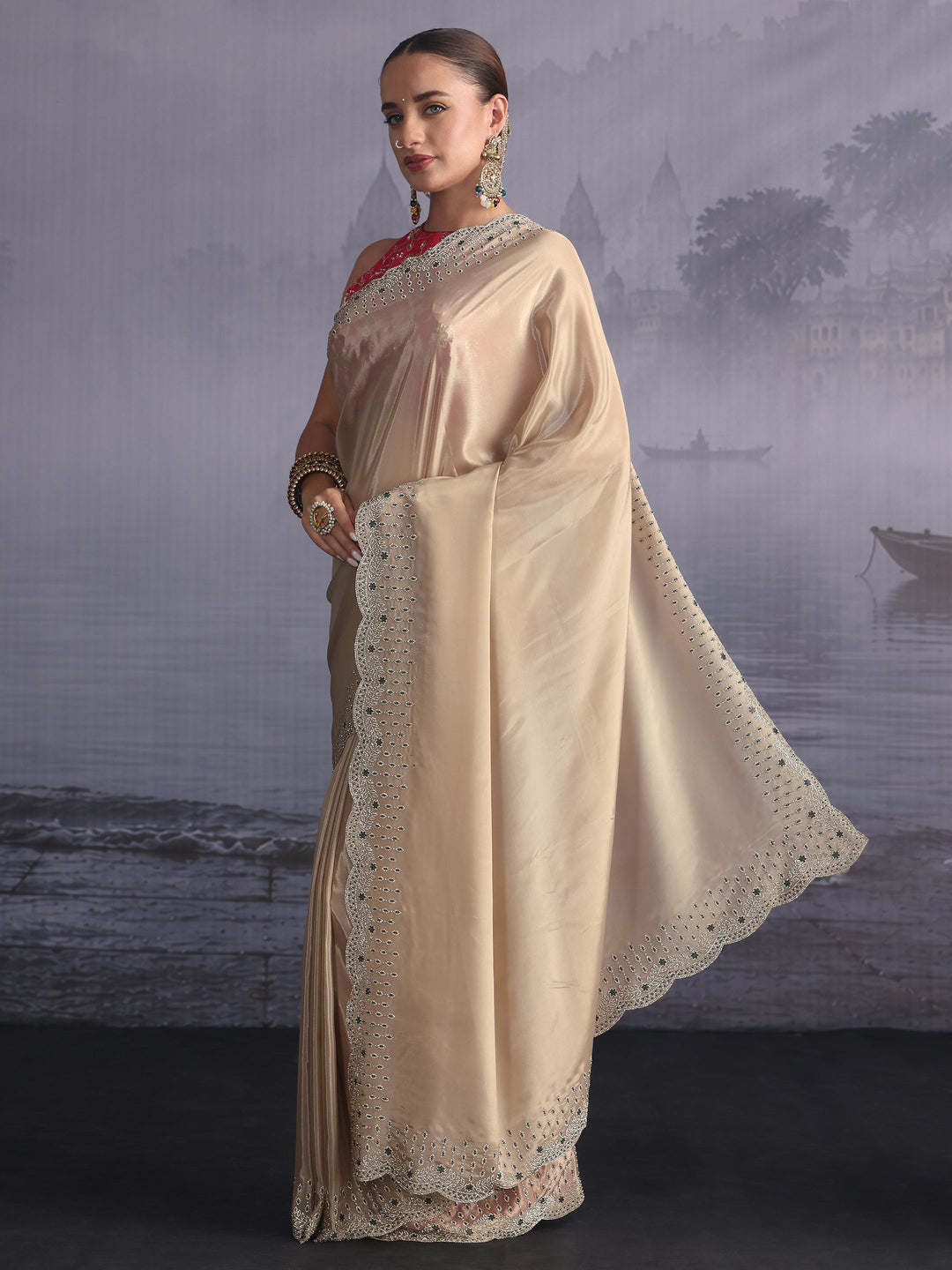 Libas Taupe Tissue Saree with Embellished Scalloped Border