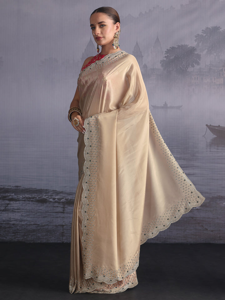 Libas Taupe Tissue Saree with Embellished Scalloped Border