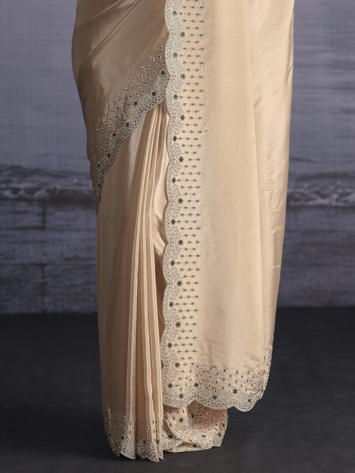 Libas Taupe Tissue Saree with Embellished Scalloped Border