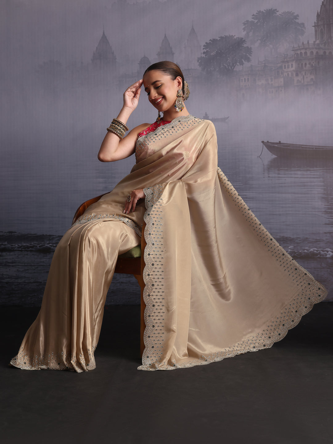 Libas Taupe Tissue Saree with Embellished Scalloped Border