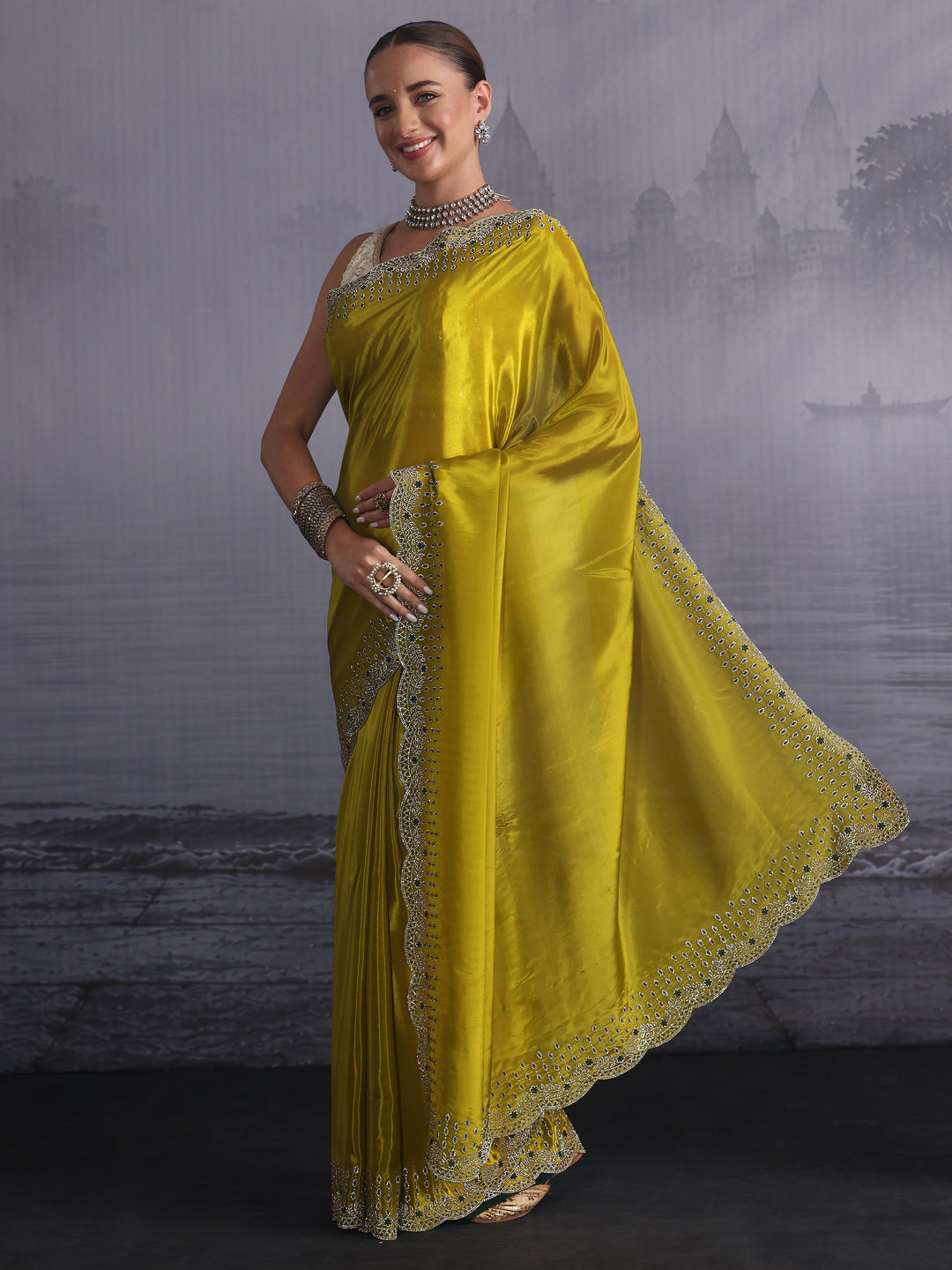 Libas Green Tissue Saree with Embellished Scalloped Border