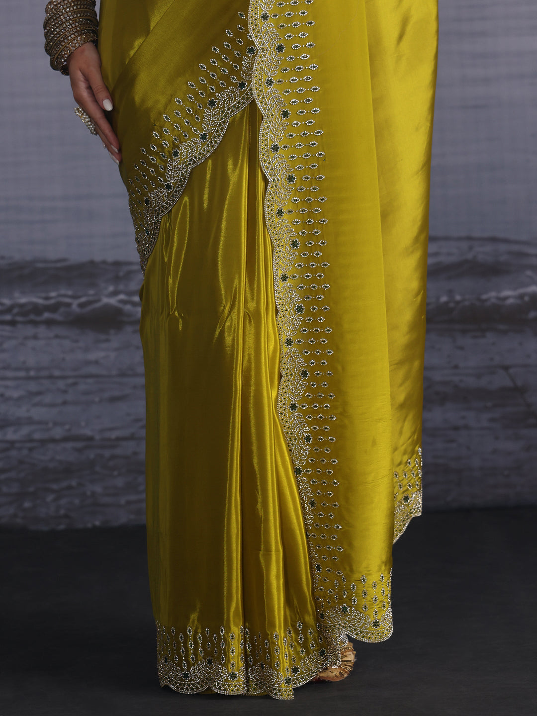 Libas Green Tissue Saree with Embellished Scalloped Border