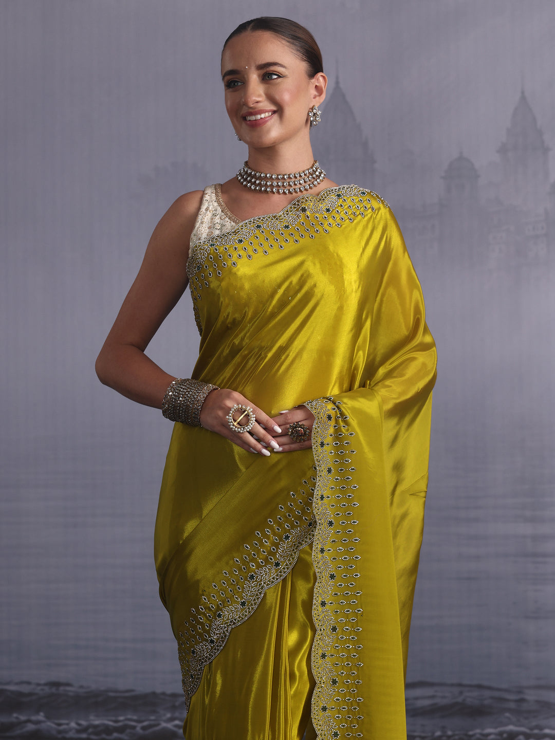 Libas Green Tissue Saree with Embellished Scalloped Border