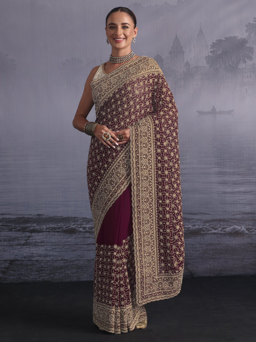 Libas Art Maroon Floral Embroidered Georgette Saree with Stone Work