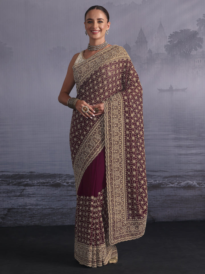 Libas Art Maroon Floral Embroidered Georgette Saree with Stone Work