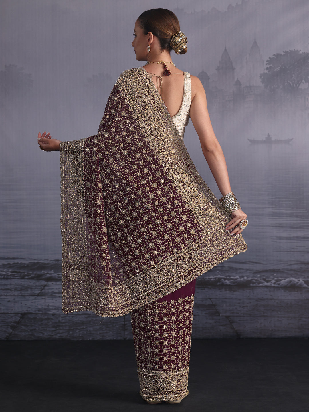 Libas Art Maroon Floral Embroidered Georgette Saree with Stone Work