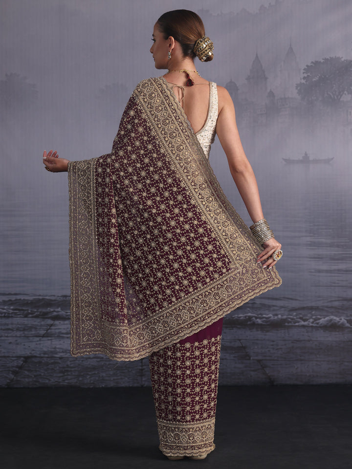 Libas Art Maroon Floral Embroidered Georgette Saree with Stone Work