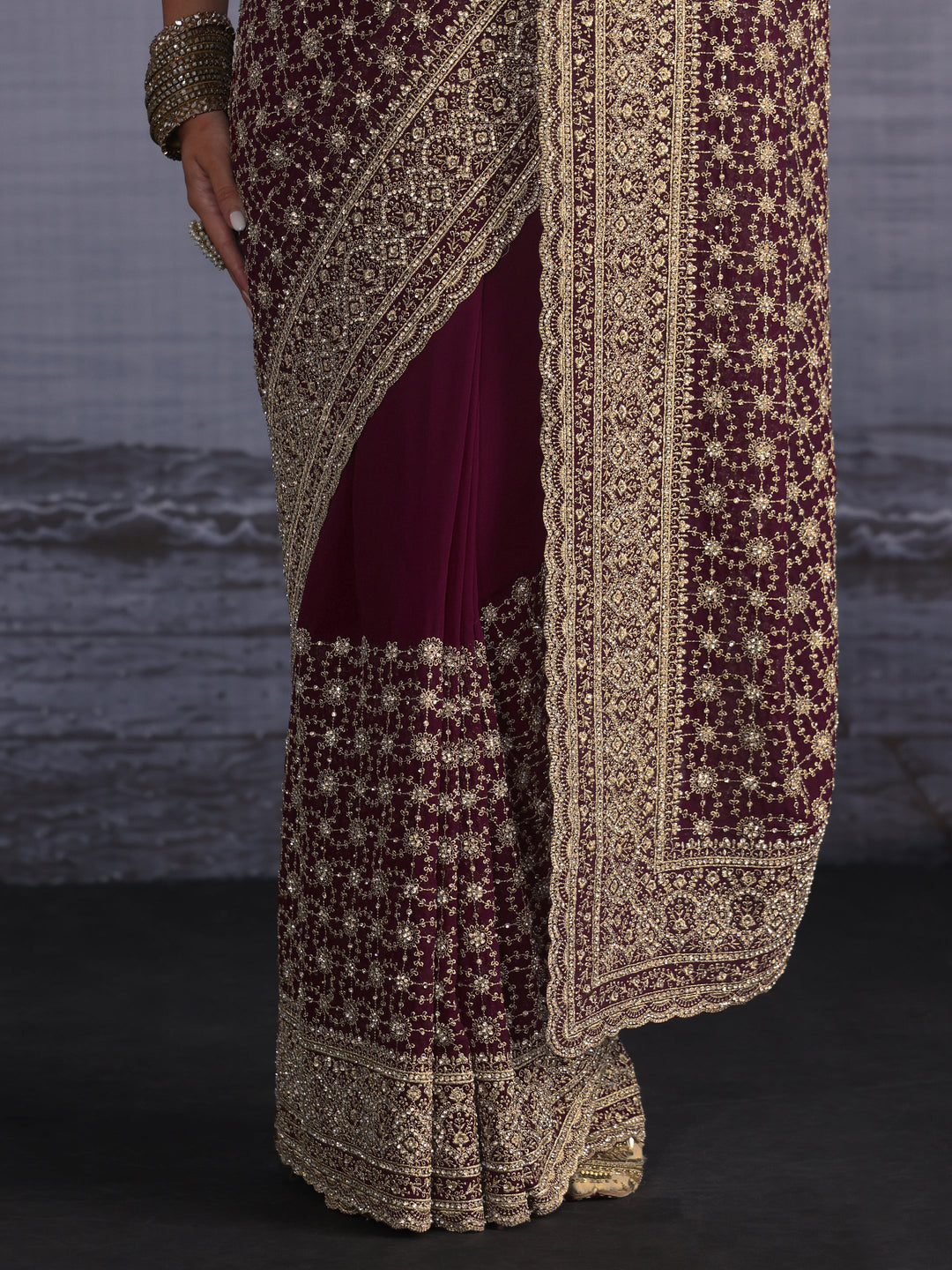 Libas Art Maroon Floral Embroidered Georgette Saree with Stone Work