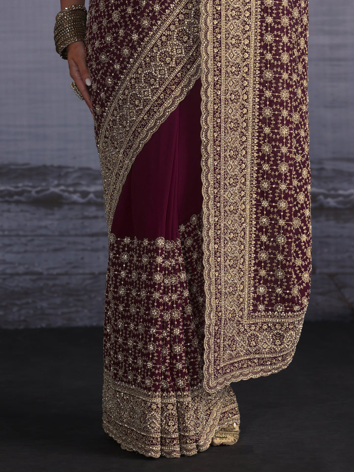 Libas Art Maroon Floral Embroidered Georgette Saree with Stone Work