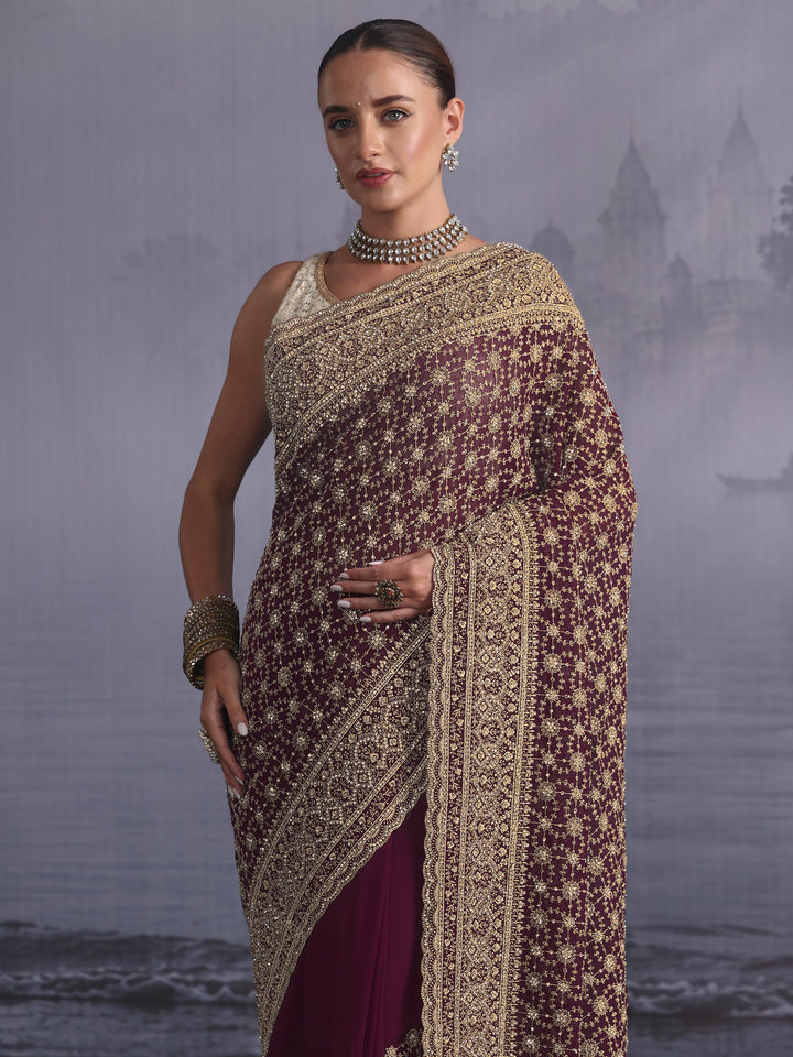 Libas Art Maroon Floral Embroidered Georgette Saree with Stone Work