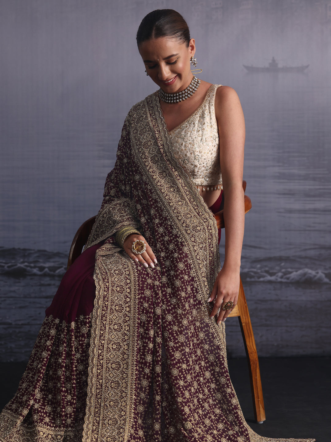 Libas Art Maroon Floral Embroidered Georgette Saree with Stone Work