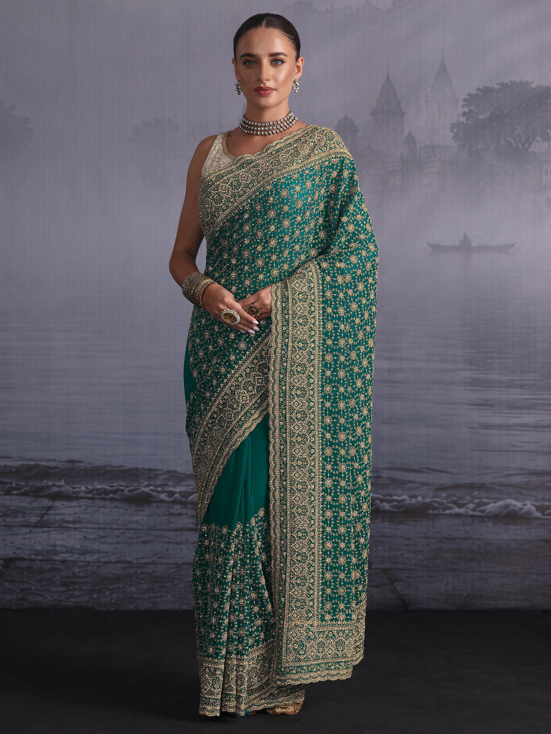 Libas Art Blue Floral Embroidered Georgette Saree with Stone Work