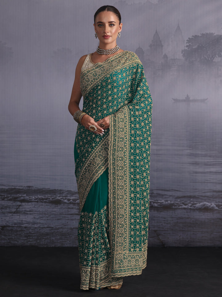 Libas Art Blue Floral Embroidered Georgette Saree with Stone Work