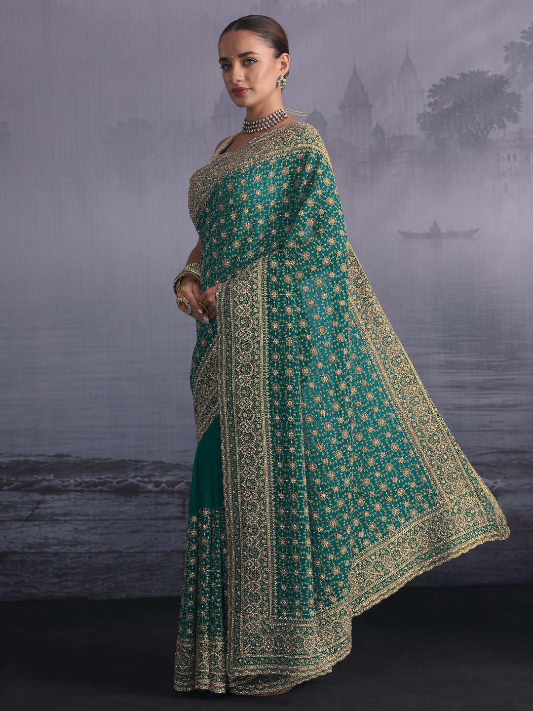 Libas Art Blue Floral Embroidered Georgette Saree with Stone Work