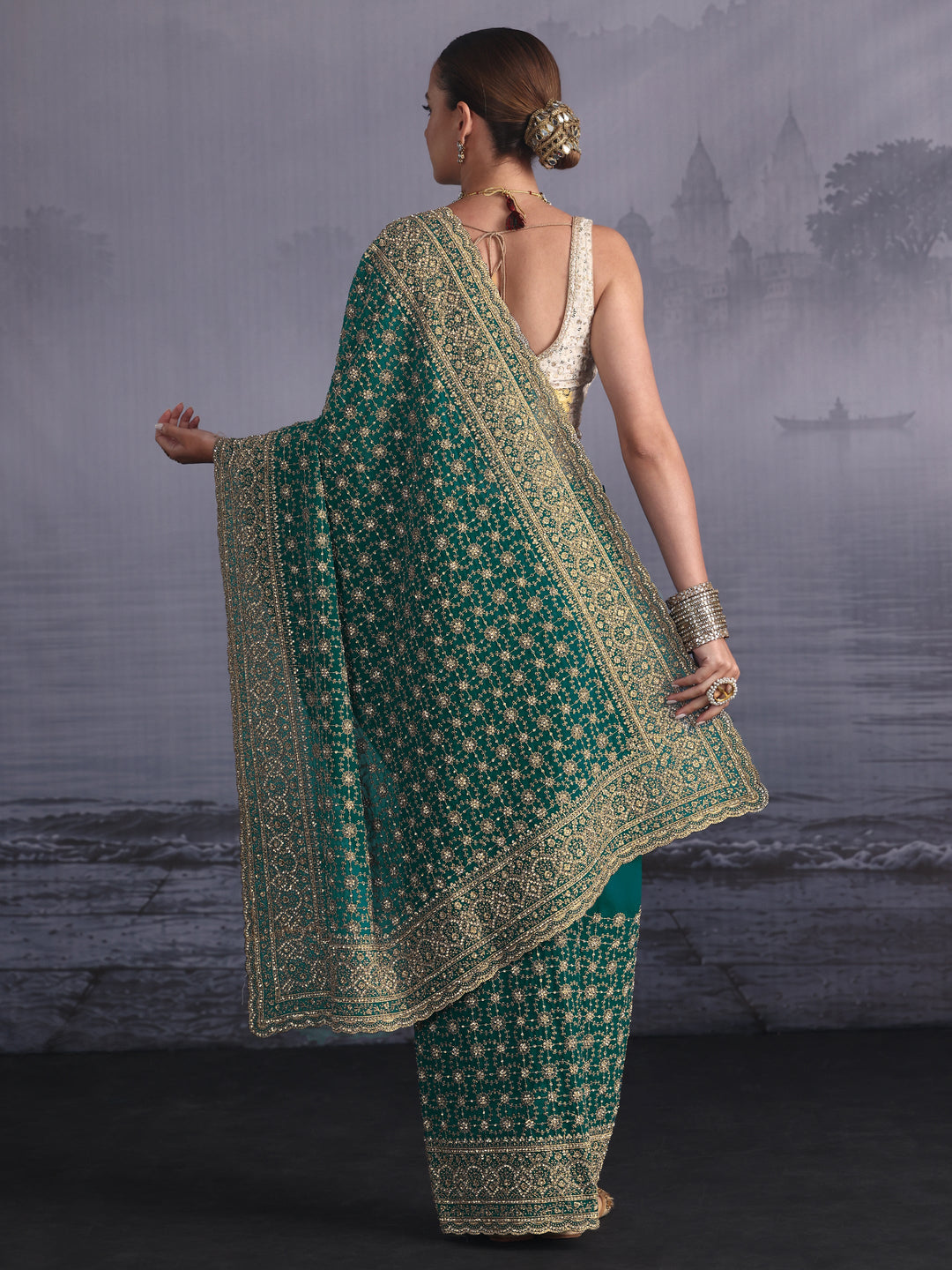 Libas Art Blue Floral Embroidered Georgette Saree with Stone Work