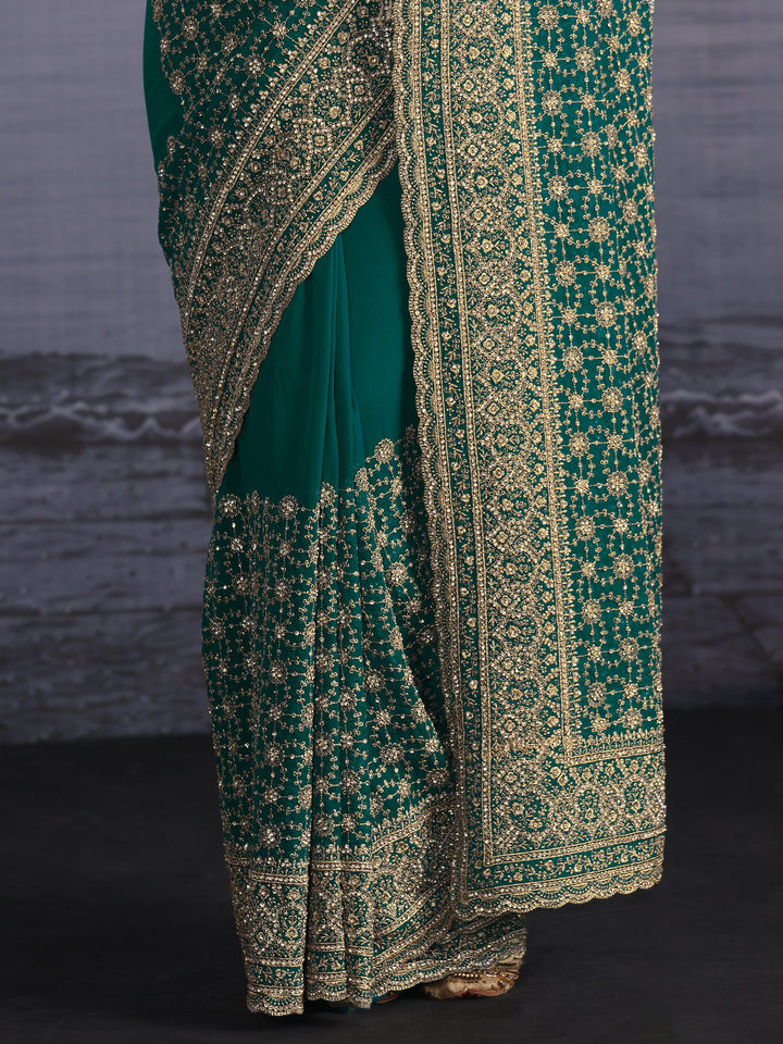 Libas Art Blue Floral Embroidered Georgette Saree with Stone Work