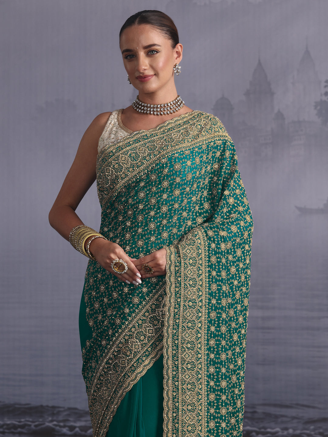 Libas Art Blue Floral Embroidered Georgette Saree with Stone Work