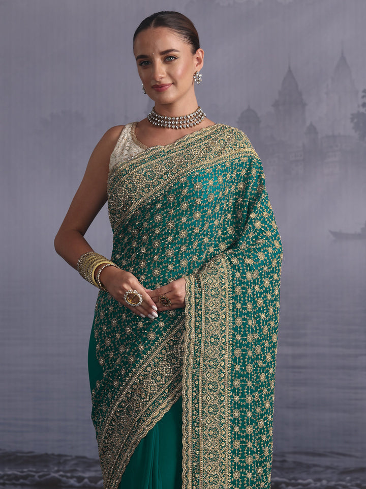 Libas Art Blue Floral Embroidered Georgette Saree with Stone Work