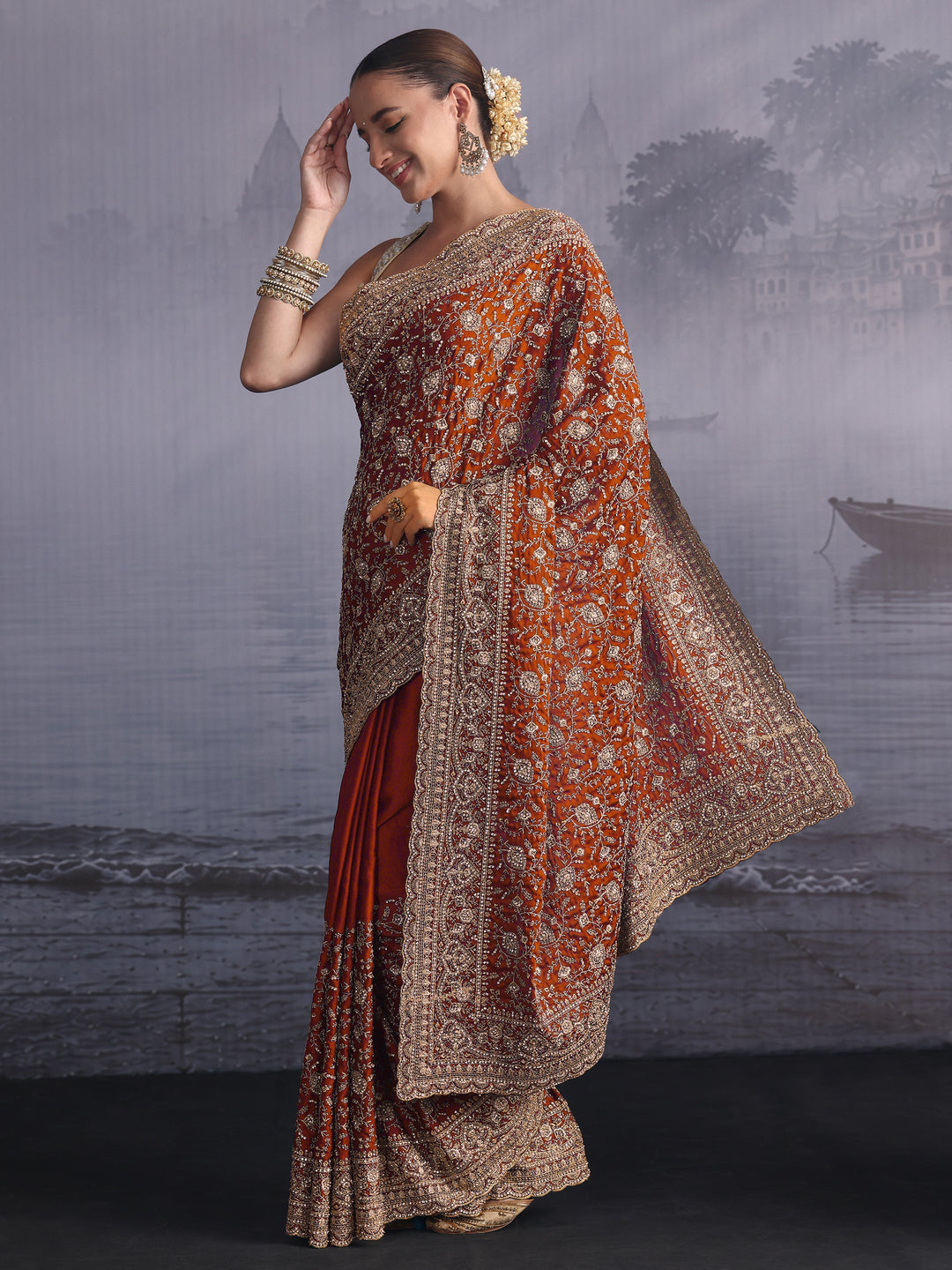 Libas Art Orange Floral Embroidered Satin Saree with Stone Work