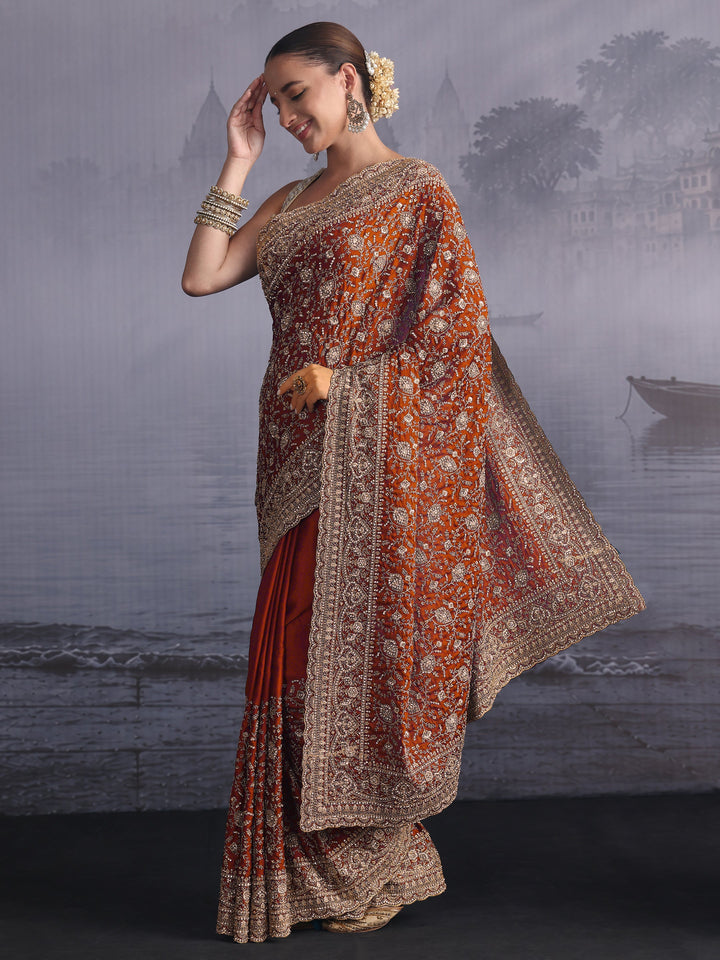 Libas Art Orange Floral Embroidered Satin Saree with Stone Work