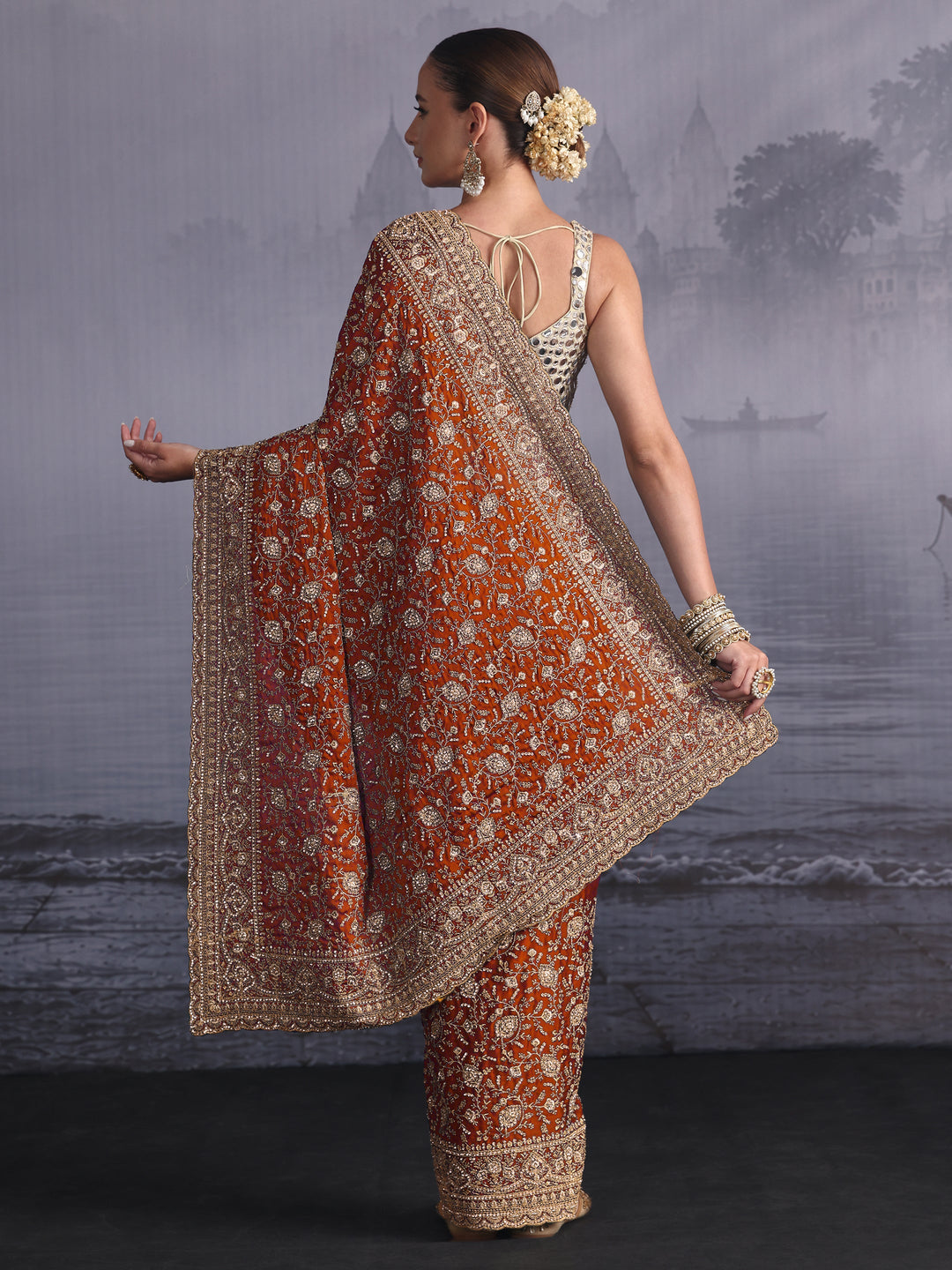 Libas Art Orange Floral Embroidered Satin Saree with Stone Work