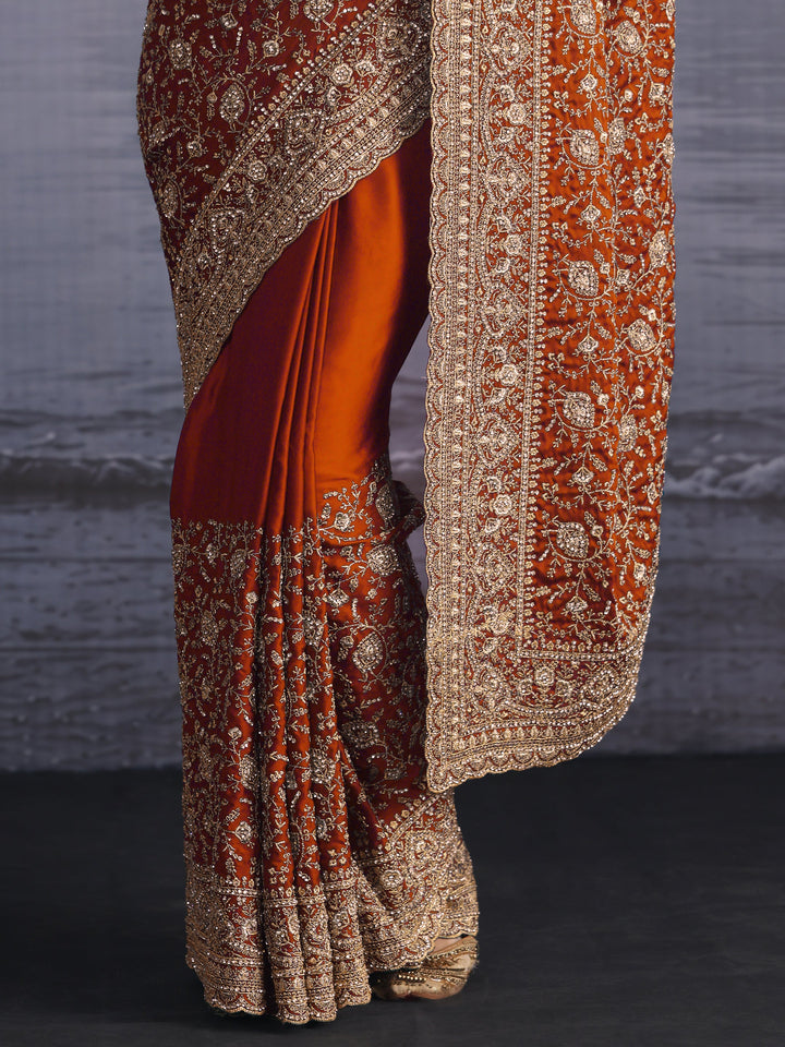 Libas Art Orange Floral Embroidered Satin Saree with Stone Work