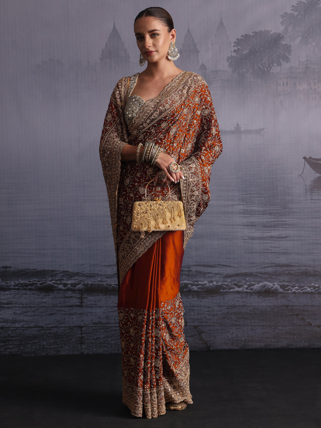 Libas Art Orange Floral Embroidered Satin Saree with Stone Work
