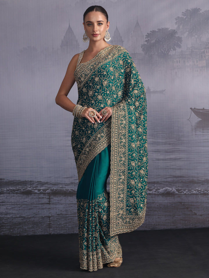 Libas Art Blue Floral Embroidered Satin Saree with Stone Work