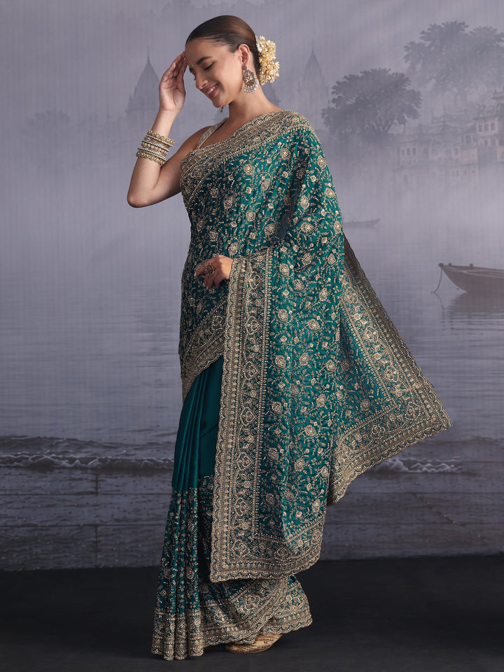 Libas Art Blue Floral Embroidered Satin Saree with Stone Work