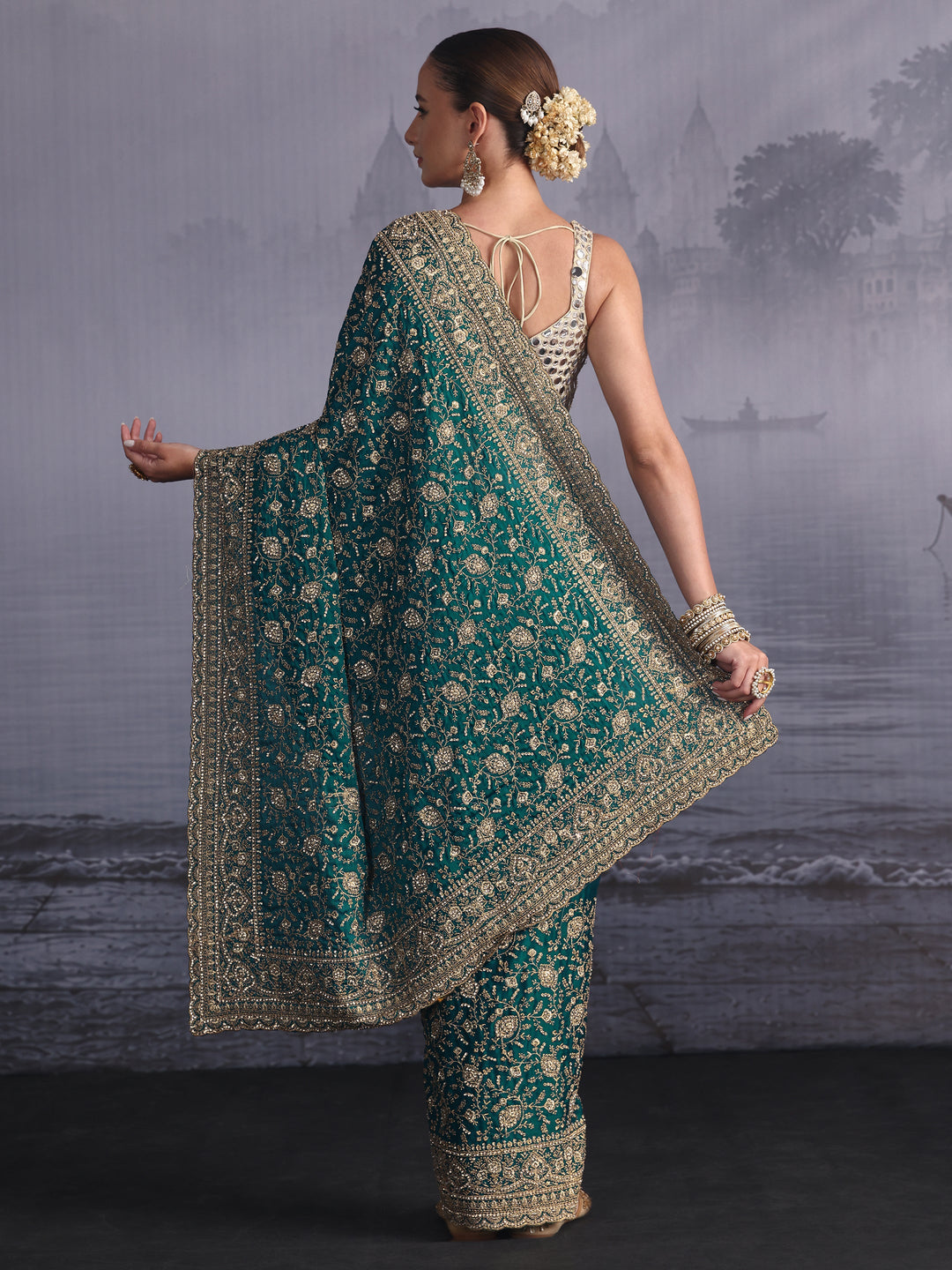 Libas Art Blue Floral Embroidered Satin Saree with Stone Work