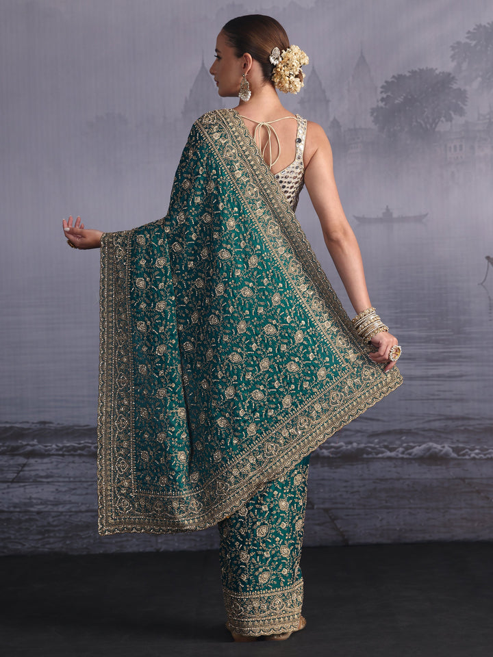 Libas Art Blue Floral Embroidered Satin Saree with Stone Work
