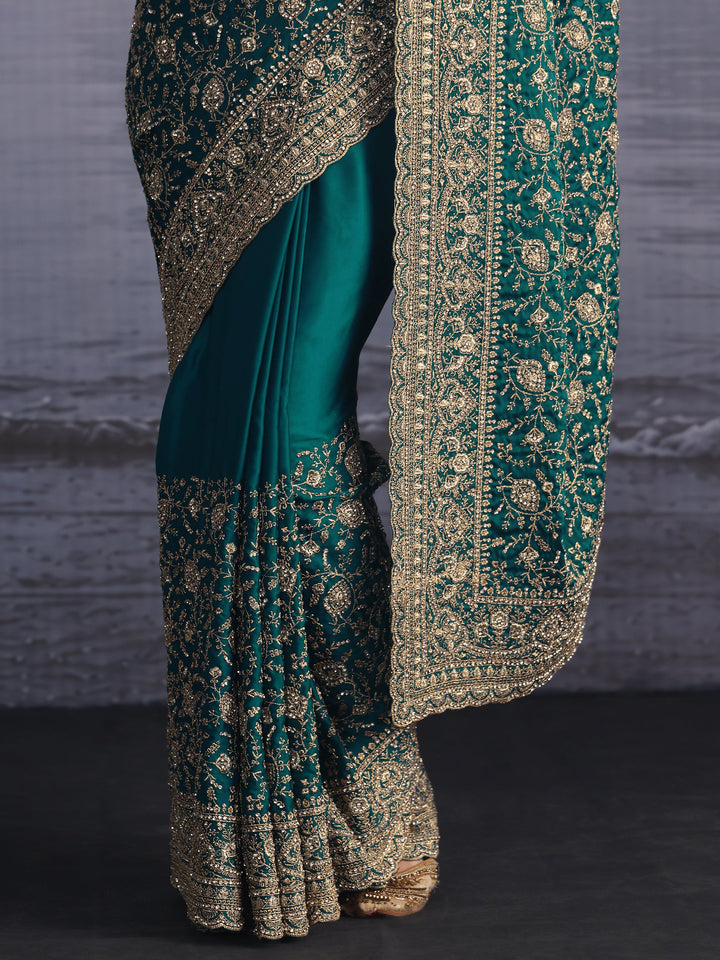 Libas Art Blue Floral Embroidered Satin Saree with Stone Work